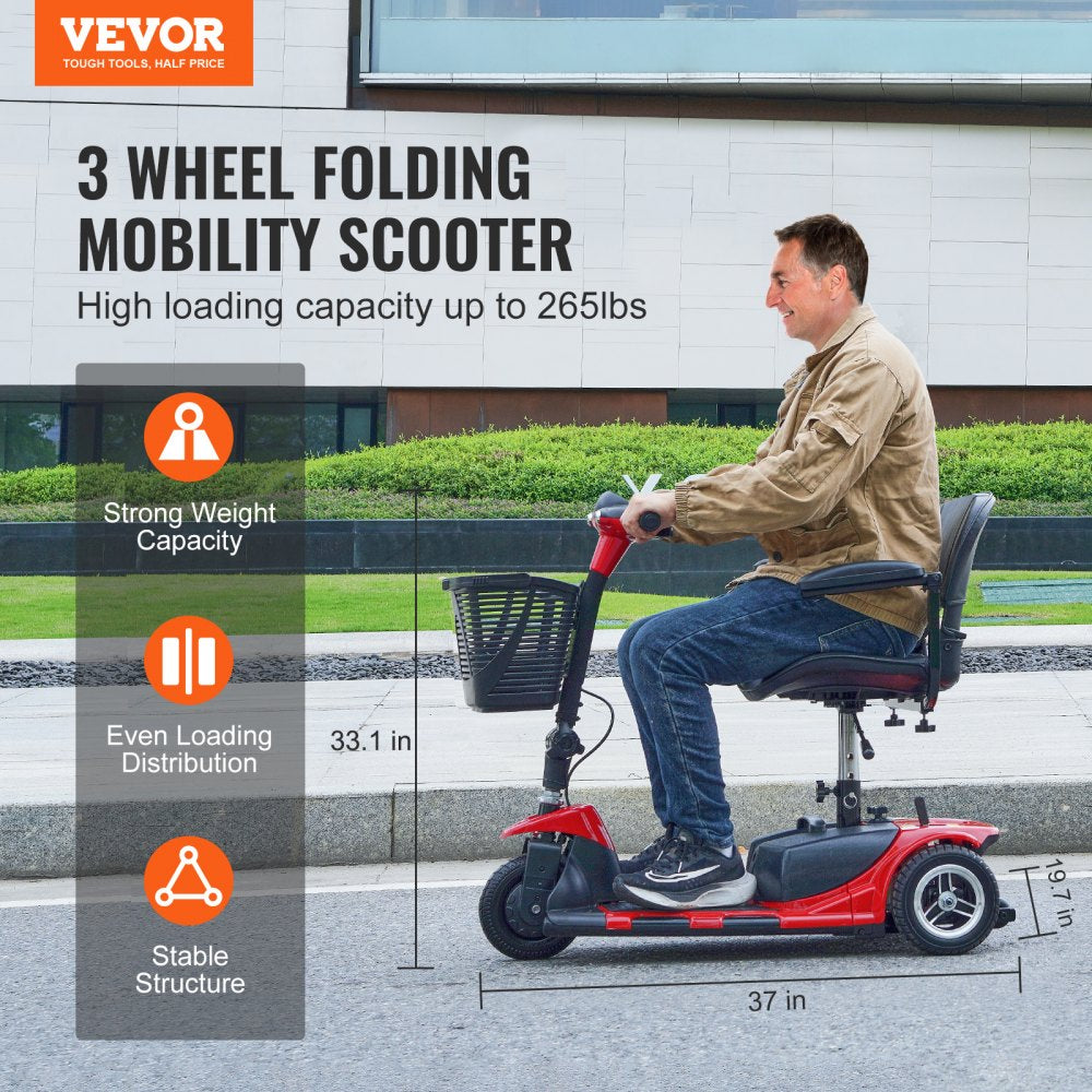 ODDTOOLS 3 Wheel Folding Mobility Scooter for Adults & Seniors, Heavy-Duty Electric Powered Mobility Scooter & 12 Mile Long Range, All Terrain Travel Wheelchair with 9° Climbing Capacity, 265lb Capacity