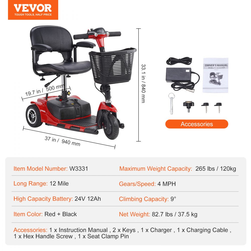 ODDTOOLS 3 Wheel Folding Mobility Scooter for Adults & Seniors, Heavy-Duty Electric Powered Mobility Scooter & 12 Mile Long Range, All Terrain Travel Wheelchair with 9° Climbing Capacity, 265lb Capacity