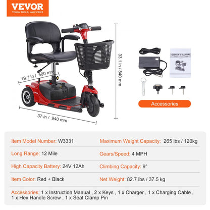 ODDTOOLS 3 Wheel Folding Mobility Scooter for Adults & Seniors, Heavy-Duty Electric Powered Mobility Scooter & 12 Mile Long Range, All Terrain Travel Wheelchair with 9° Climbing Capacity, 265lb Capacity