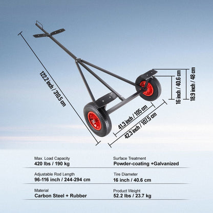 ODDTOOLS Boat Trailer Dolly, 420lbs Load Capacity, Carbon Steel Trailer Mover with 96''-116'' Adjustable Length, 16'' Pneumatic Tires & Nonslip Support Bracket, for Moving Kayak Motorboat Fishing Boat