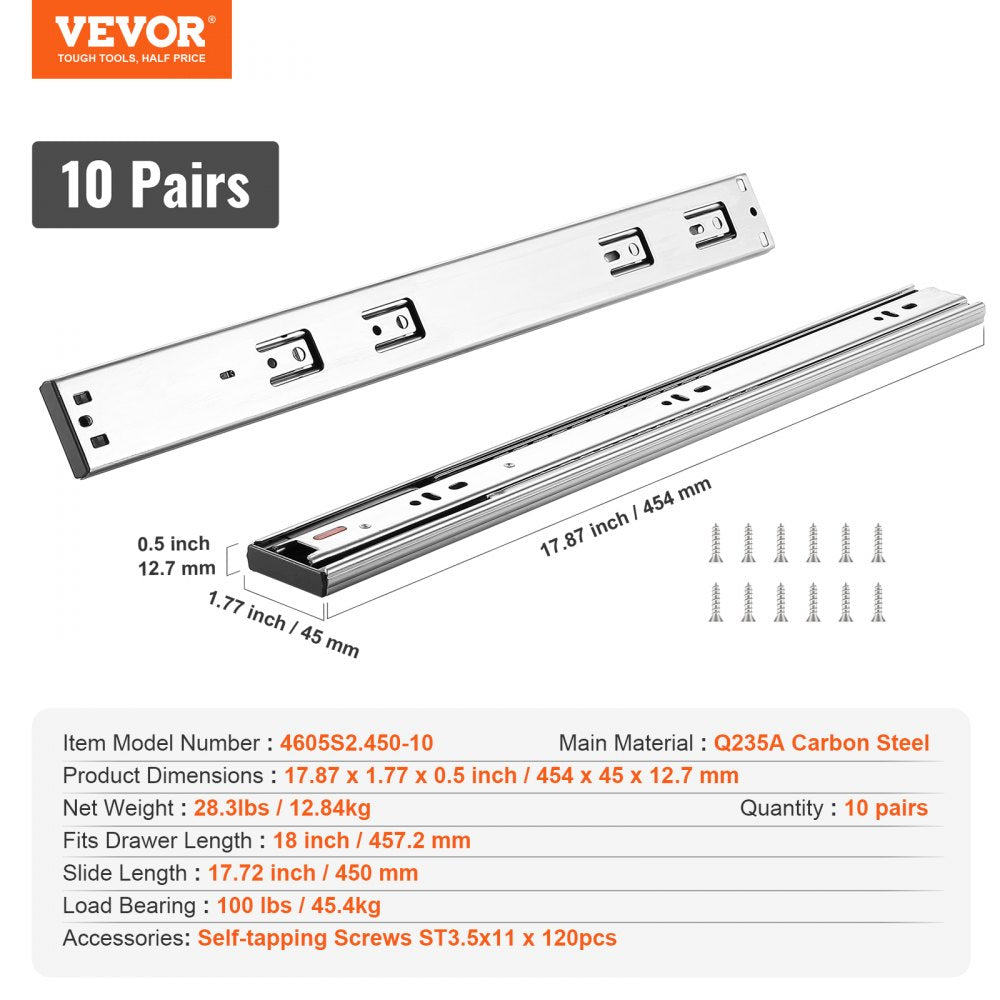 ODDTOOLS 10 Pairs of 18 Inch Drawer Slides Side Mount Rails, Heavy Duty Full Extension Steel Track, Soft-Close Noiseless Guide Glides Cabinet Kitchen Runners with Ball Bearing, 100 Lbs Load Capacity