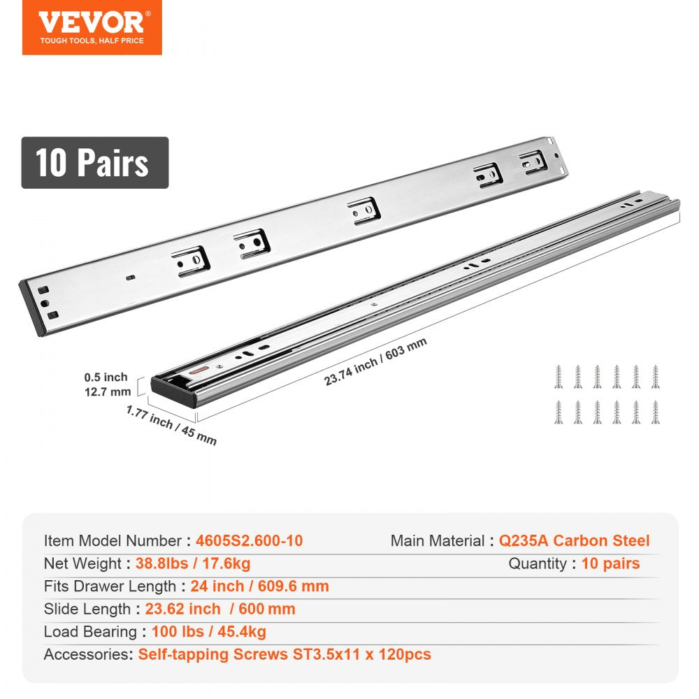 ODDTOOLS 10 Pairs of 24 Inch Drawer Slides Side Mount Rails, Heavy Duty Full Extension Steel Track, Soft-Close Noiseless Guide Glides Cabinet Kitchen Runners with Ball Bearing, 100 Lbs Load Capacity