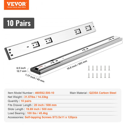 ODDTOOLS 10 Pairs of 20 Inch Drawer Slides Side Mount Rails, Heavy Duty Full Extension Steel Track, Soft-Close Noiseless Guide Glides Cabinet Kitchen Runners with Ball Bearing, 100 Lbs Load Capacity