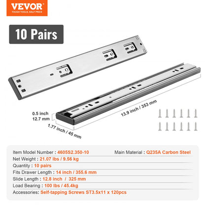 ODDTOOLS 10 Pairs of 14 Inch Drawer Slides Side Mount Rails, Heavy Duty Full Extension Steel Track, Soft-Close Noiseless Guide Glides Cabinet Kitchen Runners with Ball Bearing, 100 Lbs Load Capacity