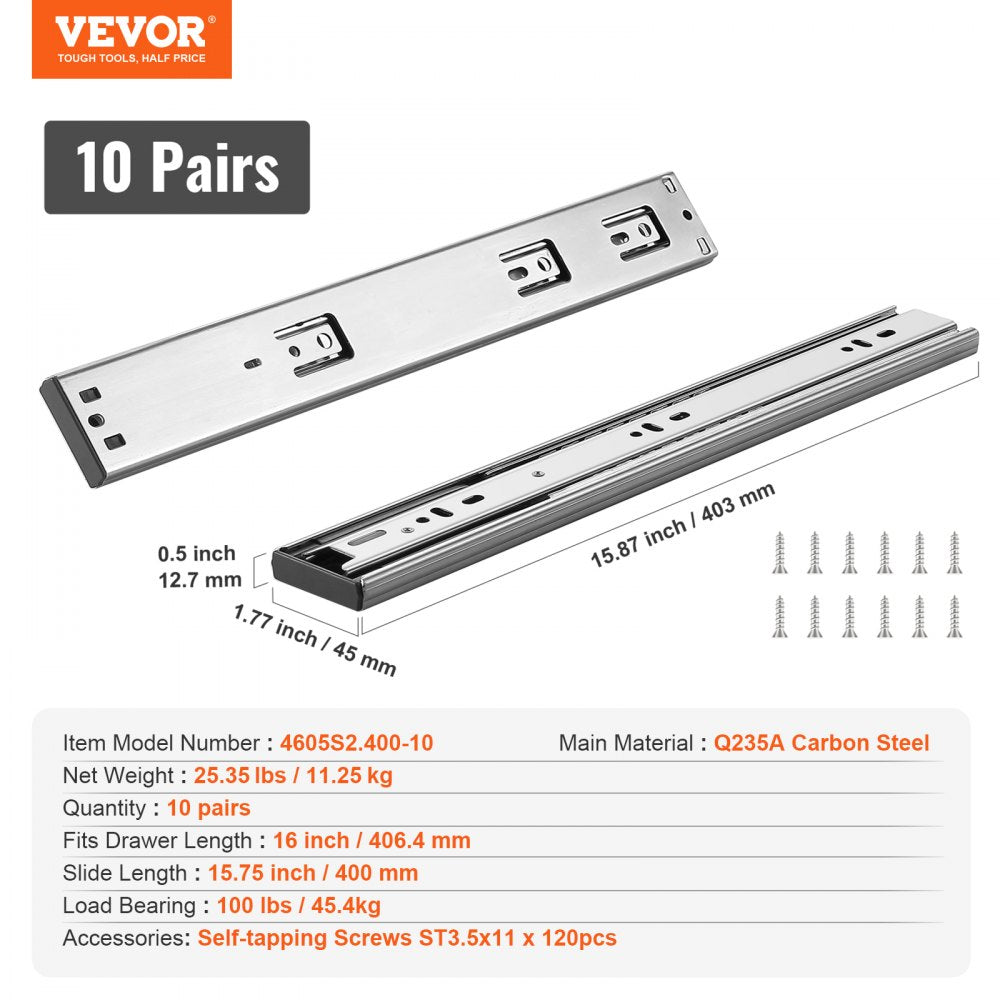 ODDTOOLS 10 Pairs of 16 Inch Drawer Slides Side Mount Rails, Heavy Duty Full Extension Steel Track, Soft-Close Noiseless Guide Glides Cabinet Kitchen Runners with Ball Bearing, 100 Lbs Load Capacity