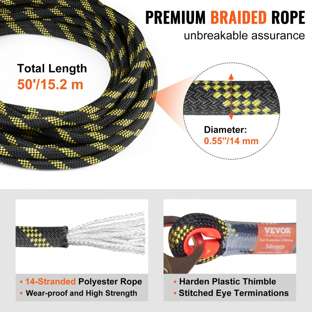 ODDTOOLS Vertical Lifeline Assembly, 0.55'' x 50' Fall Protection Rope with 30 KN Breaking Tension, Polyester Roofing Rope with Steel Snap Hooks, Rope Grab, and Shock Absorber, ANSI Compliant