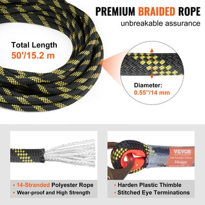 ODDTOOLS Vertical Lifeline Assembly, 0.55'' x 50' Fall Protection Rope with 30 KN Breaking Tension, Polyester Roofing Rope with Steel Snap Hooks, Rope Grab, and Shock Absorber, ANSI Compliant