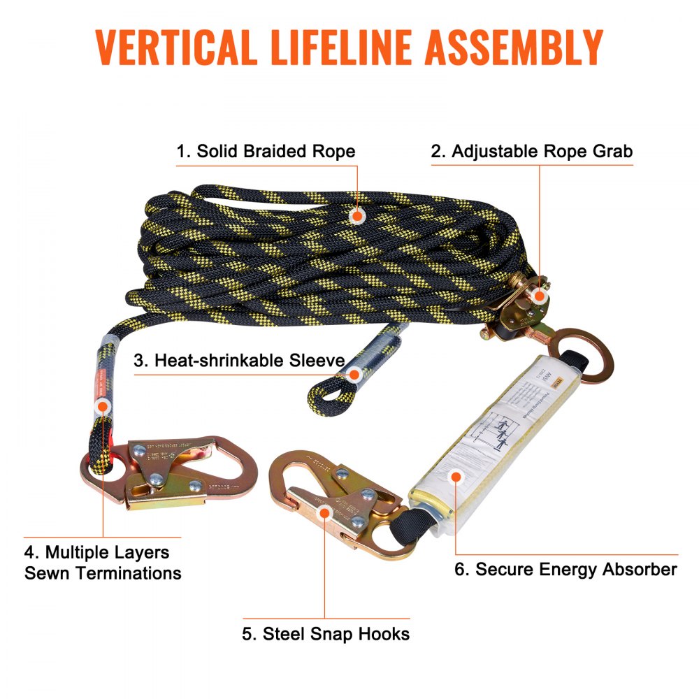 ODDTOOLS Vertical Lifeline Assembly, 0.55'' x 50' Fall Protection Rope with 30 KN Breaking Tension, Polyester Roofing Rope with Steel Snap Hooks, Rope Grab, and Shock Absorber, ANSI Compliant