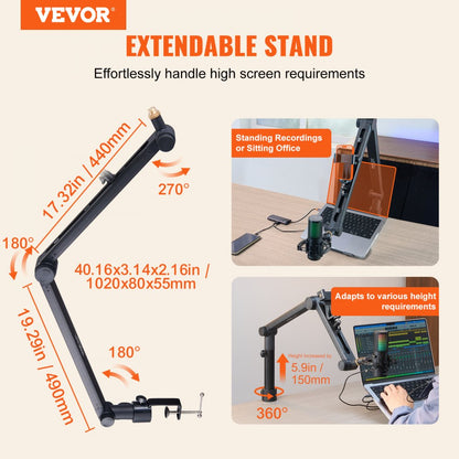 ODDTOOLS Microphone Boom Arm with Desk Mount, 360° Rotatable, Adjustable Mic Stand with 3/8" to 5/8" Adapter Port, for Recording Blue Yeti Hyperx Quadcast Blue Snowball Shure SM7B Audio Technica