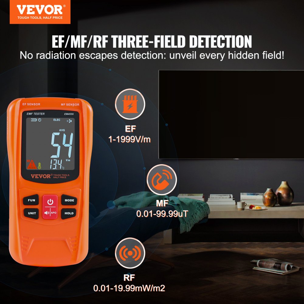 ODDTOOLS 3-in-1 EMF Meter, 5Hz-6GHz, Handheld Rechargeable Electromagnetic Field Radiation Detector, Digital LCD EMF Tester for EF MF RF Home Inspections Outdoor Ghost Hunting 5G Cell Tower Temperature