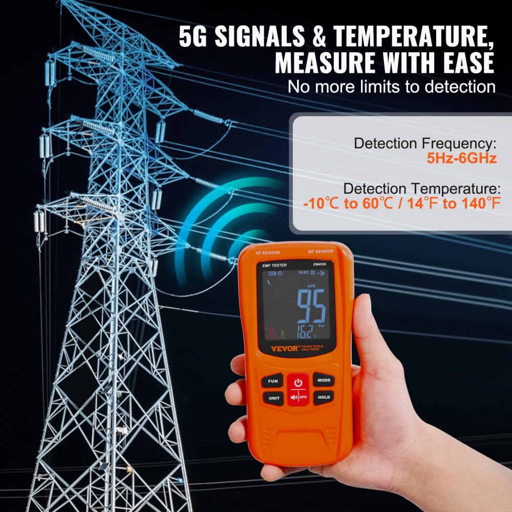 ODDTOOLS 3-in-1 EMF Meter, 5Hz-6GHz, Handheld Rechargeable Electromagnetic Field Radiation Detector, Digital LCD EMF Tester for EF MF RF Home Inspections Outdoor Ghost Hunting 5G Cell Tower Temperature