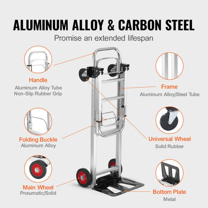 ODDTOOLS Aluminum Folding Hand Truck, 2 in 1 Design 400 lbs Capacity, Heavy Duty Industrial Collapsible cart, Dolly Cart with Rubber Wheels for Transport and Moving in Warehouse, Supermarket, Garden