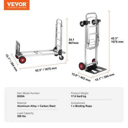 ODDTOOLS Aluminum Folding Hand Truck, 2 in 1 Design 400 lbs Capacity, Heavy Duty Industrial Collapsible cart, Dolly Cart with Rubber Wheels for Transport and Moving in Warehouse, Supermarket, Garden