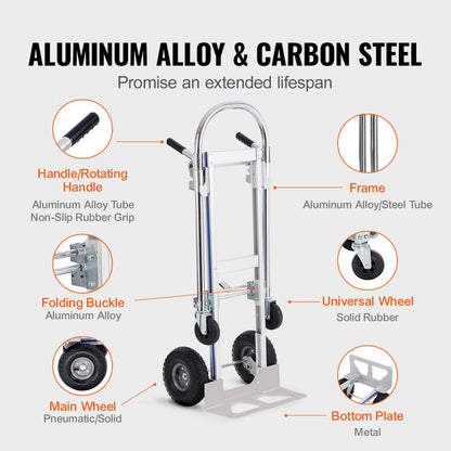 ODDTOOLS Aluminum Hand Truck, 2 in 1, 800 lbs Load Capacity, Heavy Duty Industrial Convertible Folding Hand Truck and Dolly, Utility Cart Converts from Hand Truck to Platform Cart with Rubber Wheels