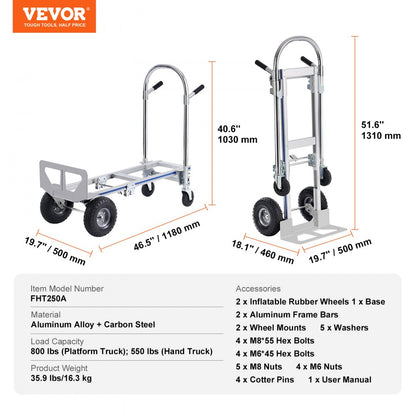 ODDTOOLS Aluminum Hand Truck, 2 in 1, 800 lbs Load Capacity, Heavy Duty Industrial Convertible Folding Hand Truck and Dolly, Utility Cart Converts from Hand Truck to Platform Cart with Rubber Wheels