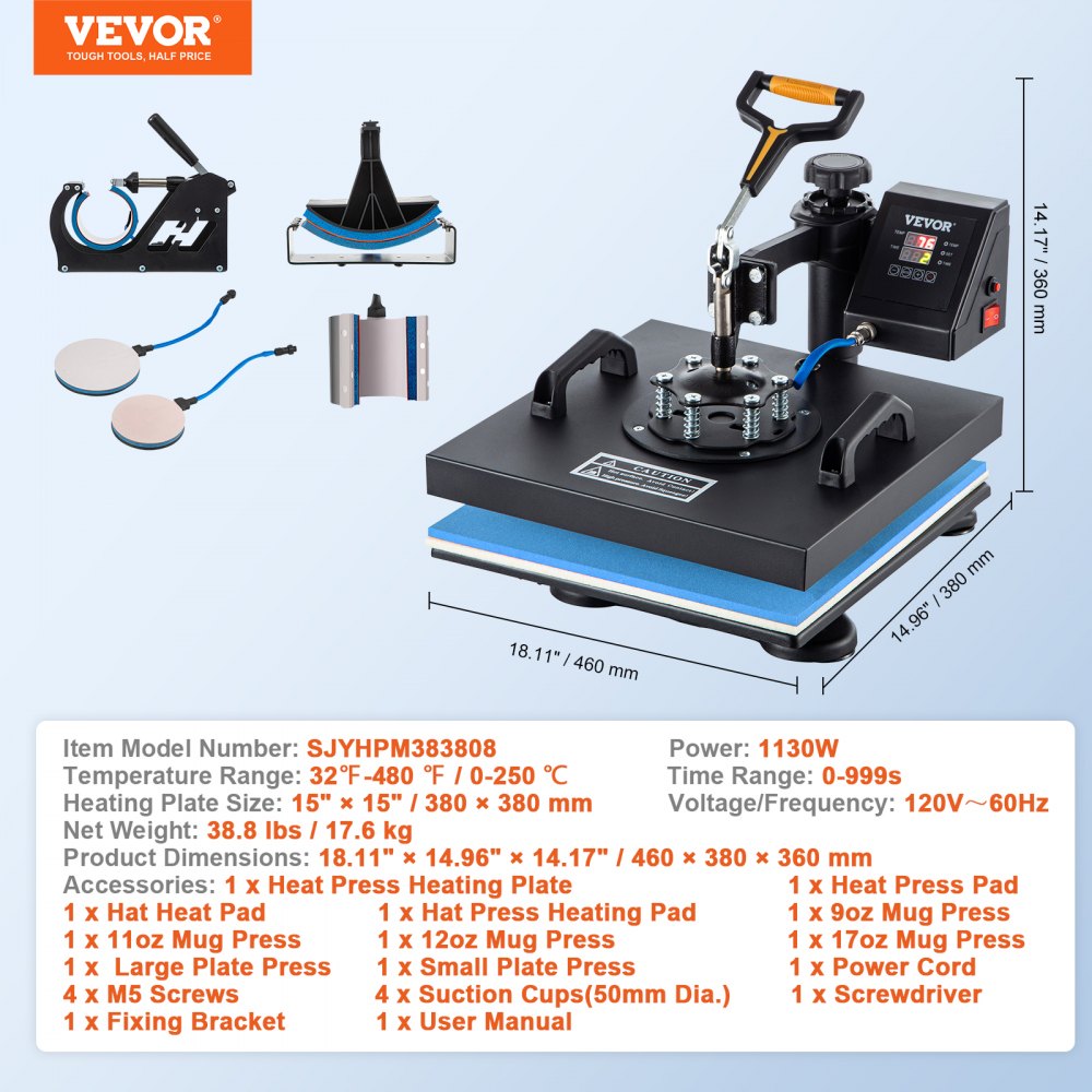 ODDTOOLS Heat Press Machine, 15 x 15 Inch, 6 in 1 Combo Swing Away T-shirt Sublimation Transfer Printer with Teflon Coated, Accessories Included, ETL/FCC Certificated (Color and model may Vary)