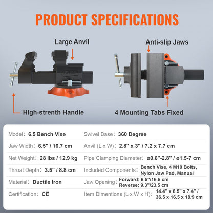 ODDTOOLS 6.5" Bench Vise w/ 360°Swivel Locking Base & Two-way Jaw Ductile Iron