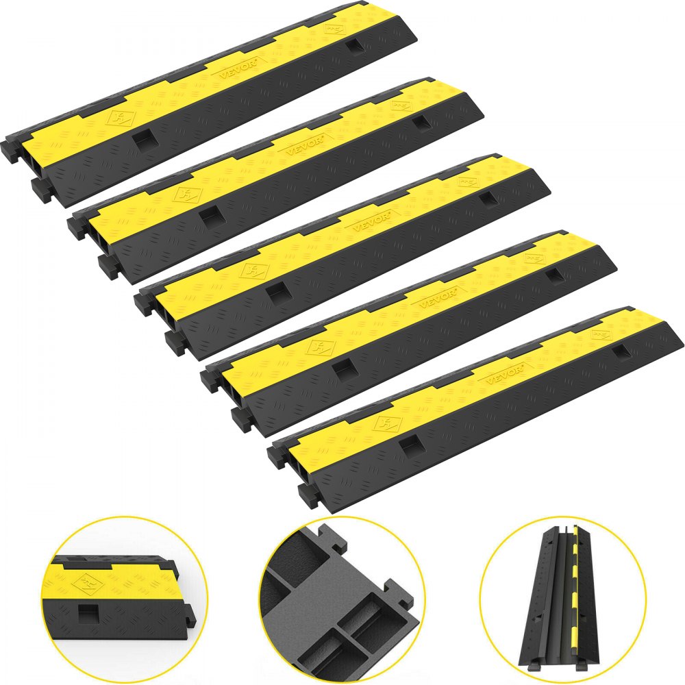 ODDTOOLS Cable Protector Ramp, 5 Packs 2 Channels Speed Bump Hump, Rubber Modular Speed Bump Rated 11000 LBS Load Capacity, Protective Wire Cord Ramp Driveway Rubber Traffic Speed Bumps Cable Protector