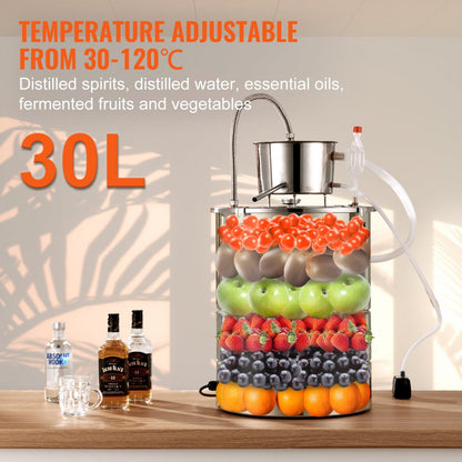 ODDTOOLS Alcohol Still, 9 Gal 30L Water Alcohol Distiller, Home Distillery Kit include Stainless Steel Tube & Pump & One-way Exhaust Valve & Thermometer (30-120℃ ) for DIY Whisky Wine Brandy, Silver