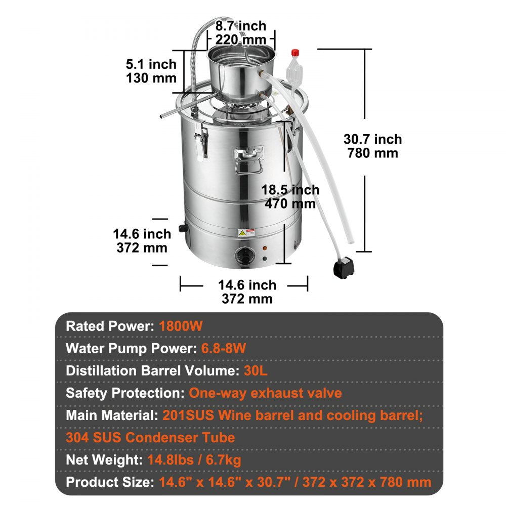 ODDTOOLS Alcohol Still, 9 Gal 30L Water Alcohol Distiller, Home Distillery Kit include Stainless Steel Tube & Pump & One-way Exhaust Valve & Thermometer (30-120℃ ) for DIY Whisky Wine Brandy, Silver