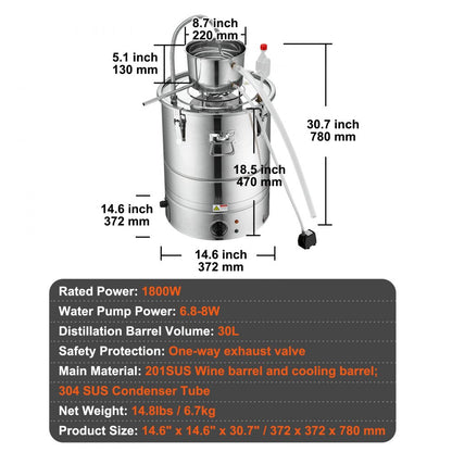 ODDTOOLS Alcohol Still, 9 Gal 30L Water Alcohol Distiller, Home Distillery Kit include Stainless Steel Tube & Pump & One-way Exhaust Valve & Thermometer (30-120℃ ) for DIY Whisky Wine Brandy, Silver