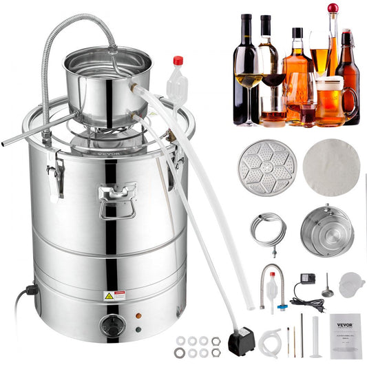 ODDTOOLS Alcohol Still, 9 Gal 30L Water Alcohol Distiller, Home Distillery Kit include Stainless Steel Tube & Pump & One-way Exhaust Valve & Thermometer (30-120℃ ) for DIY Whisky Wine Brandy, Silver