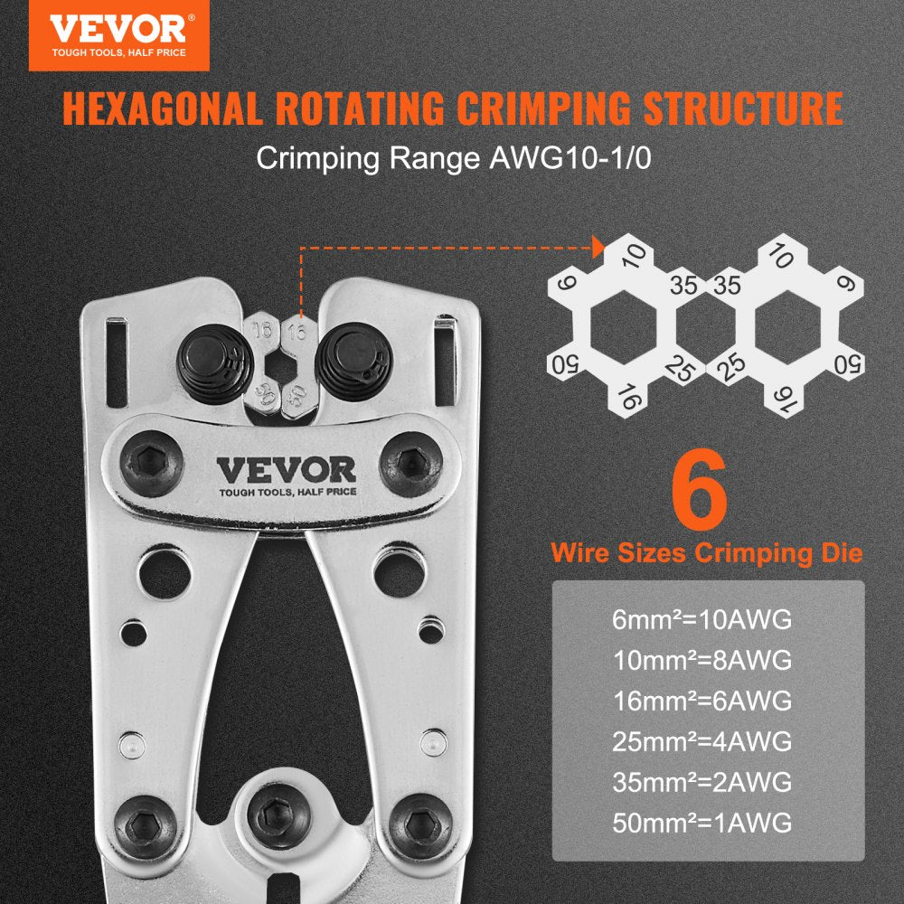 ODDTOOLS Crimping Tool, AWG10-1/0 Copper And Aluminum Terminal Battery Lug Crimper, 6 Wire Sizes Crimping Die, with a Cutting Pliers, Gloves, 95pcs Copper Ring Connectors, and 100pcs Heat Shrink Tubes