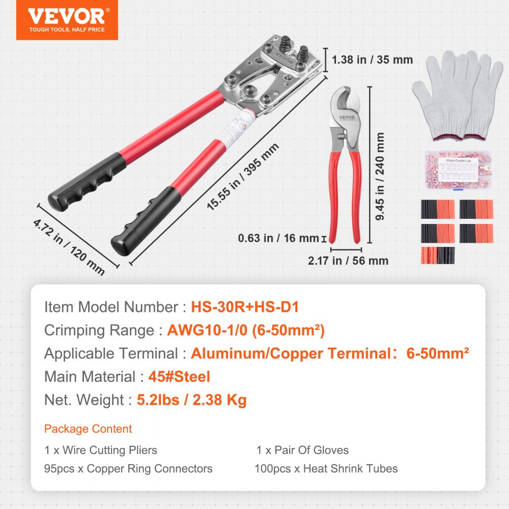 ODDTOOLS Crimping Tool, AWG10-1/0 Copper And Aluminum Terminal Battery Lug Crimper, 6 Wire Sizes Crimping Die, with a Cutting Pliers, Gloves, 95pcs Copper Ring Connectors, and 100pcs Heat Shrink Tubes