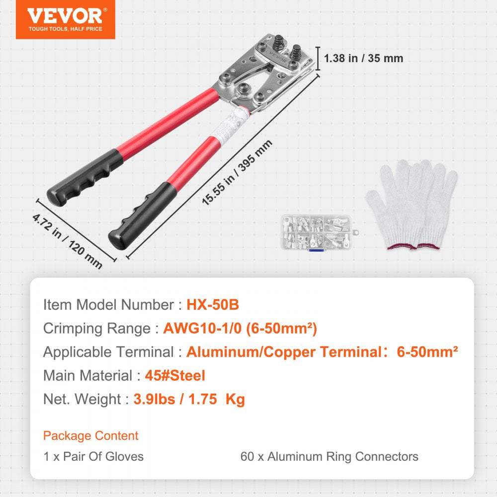 ODDTOOLS Battery Cable Lug Crimping Tool, 10-1/0 AWG with Heavy Duty Wire Lugs, with 60PCS Aluminum Ring Connectors Terminals 6 Wire Sizes Crimping Die Aluminum Terminal Battery Lug Crimper