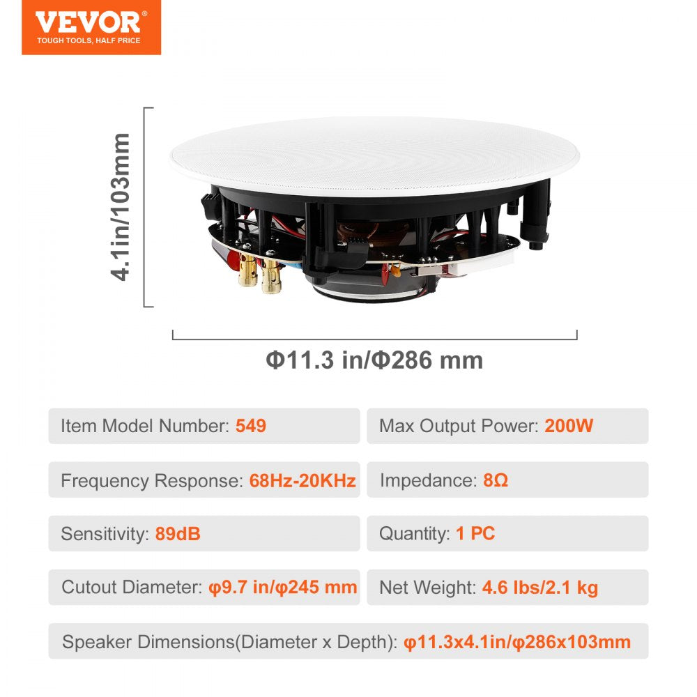 ODDTOOLS 8 Inch in Ceiling Speakers, 200-Watts, Flush Mount Ceiling & in-Wall Speakers System with 8ΩImpedance 89dB Sensitivity, for Home Kitchen Living Room Bedroom or Covered Outdoor Porches, Single