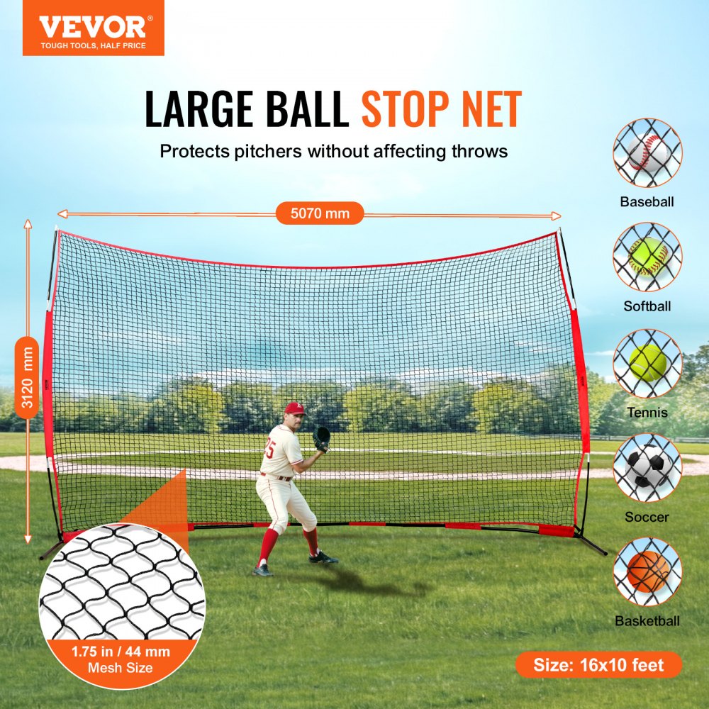 ODDTOOLS Barricade Backstop Net, 16x10 ft Ball Sports Barrier Netting, Portable Practice Equipment with Carry Bag, Protection Screen for Baseball Softball Lacrosse Soccer Hockey Training, for Backyard