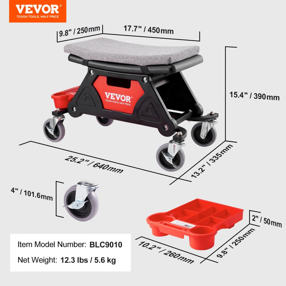 ODDTOOLS Mechanics Stool, 300 LBS Capacity Rolling Mechanic Seat with 4" Wheels, with Three Slide Out Tool Trays and Drawer, Heavy Duty Roller Creeper Seat for Home Garage DIY Automotive