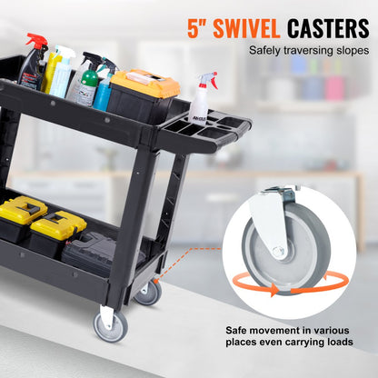 ODDTOOLS Utility Service Cart, 40 x 17 x 33 In - 2 Shelf 550LBS Heavy Duty Plastic Rolling Utility Cart with 360° Swivel Wheels, Medium Lipped Shelf, Ergonomic Storage Handle for Warehouse/Garage/Cleaning/Office