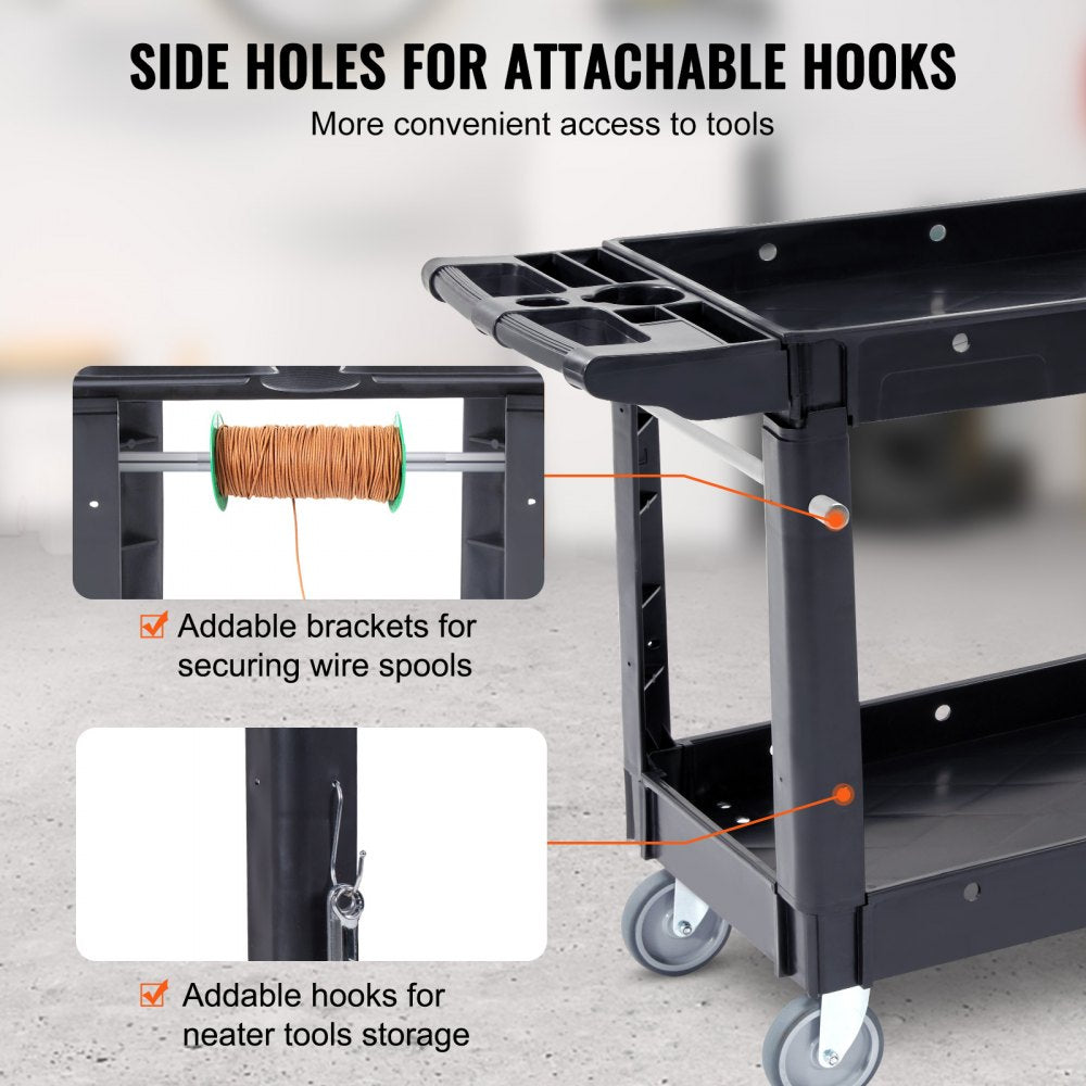 ODDTOOLS Utility Service Cart, 40 x 17 x 33 In - 2 Shelf 550LBS Heavy Duty Plastic Rolling Utility Cart with 360° Swivel Wheels, Medium Lipped Shelf, Ergonomic Storage Handle for Warehouse/Garage/Cleaning/Office