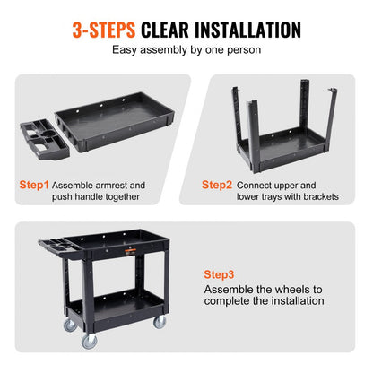 ODDTOOLS Utility Service Cart, 40 x 17 x 33 In - 2 Shelf 550LBS Heavy Duty Plastic Rolling Utility Cart with 360° Swivel Wheels, Medium Lipped Shelf, Ergonomic Storage Handle for Warehouse/Garage/Cleaning/Office