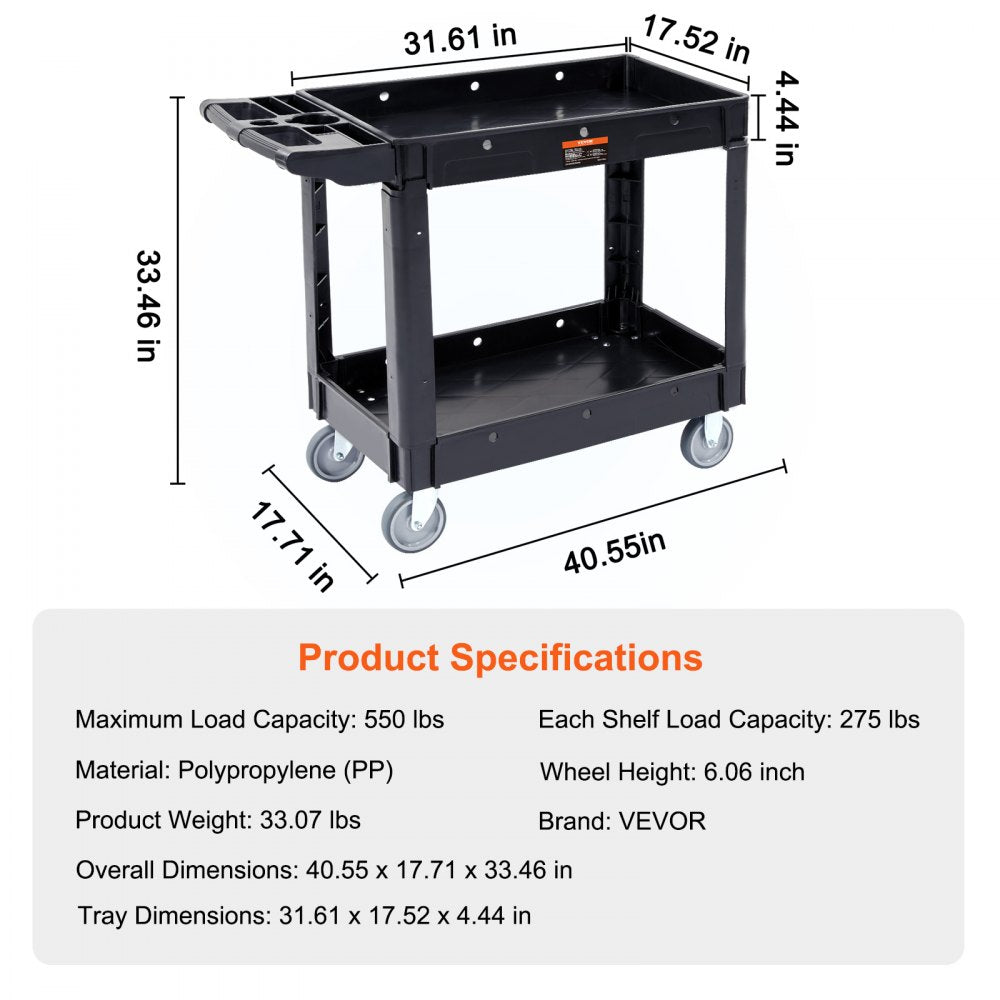 ODDTOOLS Utility Service Cart, 40 x 17 x 33 In - 2 Shelf 550LBS Heavy Duty Plastic Rolling Utility Cart with 360° Swivel Wheels, Medium Lipped Shelf, Ergonomic Storage Handle for Warehouse/Garage/Cleaning/Office