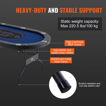 ODDTOOLS 10 Player Foldable Poker Table, Blackjack Texas Holdem Poker Table with Padded Rails and Stainless Steel Cup Holders, Portable Folding Card Board Game Table, 84" Oval Casino Leisure Table