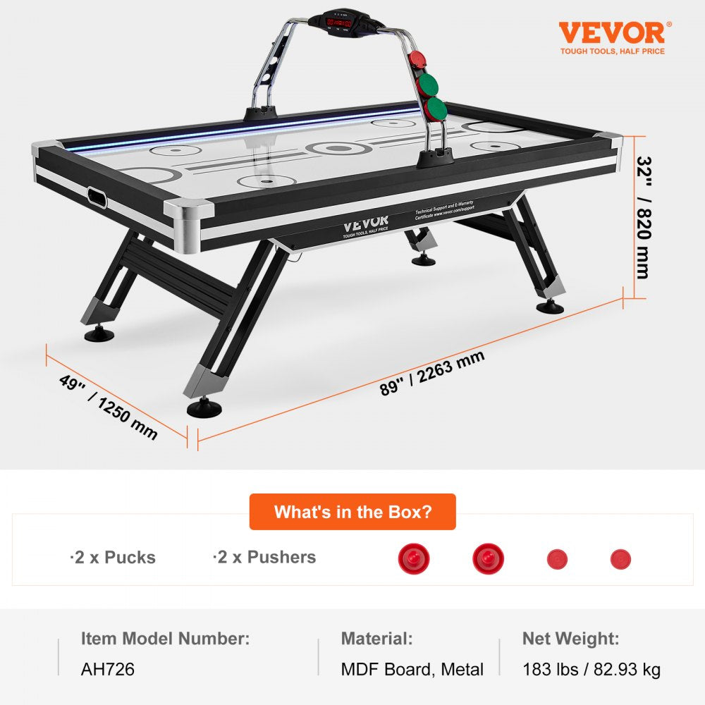 ODDTOOLS Air-Powered Hockey Table, 89" Indoor Hockey Table for Kids and Adults, LED Sports Hockey Game with 2 Pucks, 2 Pushers, and Electronic Score System, Arcade Gaming Set for Game Room Family Home