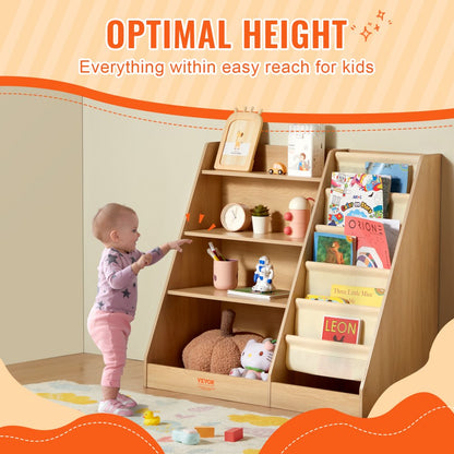 ODDTOOLS 4-Tier Kids Wooden Bookshelf, Six-Layer Sling Bookcase, Baby Storage Book Rack, Book Toy Organizer Cabinet, for Kids Room, Playroom, Kindergarten, Nursery