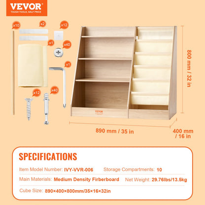 ODDTOOLS 4-Tier Kids Wooden Bookshelf, Six-Layer Sling Bookcase, Baby Storage Book Rack, Book Toy Organizer Cabinet, for Kids Room, Playroom, Kindergarten, Nursery