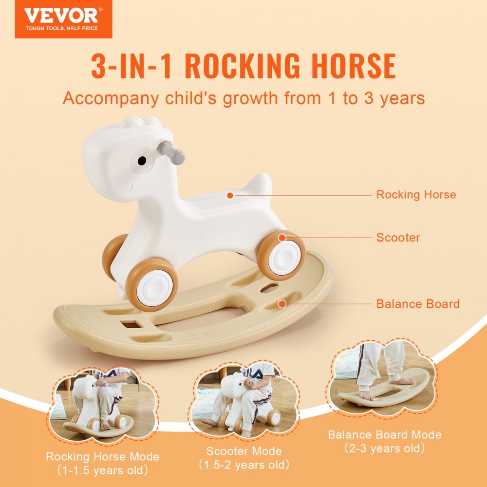 ODDTOOLS 3 in 1 Rocking Horse for Toddlers 1-3 Years, Baby Rocking Horse with Detachable Balance Board and 4 Smooth Wheels, Support up to HDPE Material 80 lbs Kids Ride on Toy, 40° Swinging, White