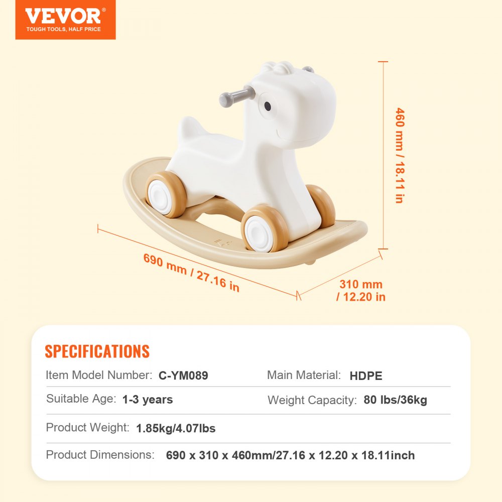 ODDTOOLS 3 in 1 Rocking Horse for Toddlers 1-3 Years, Baby Rocking Horse with Detachable Balance Board and 4 Smooth Wheels, Support up to HDPE Material 80 lbs Kids Ride on Toy, 40° Swinging, White