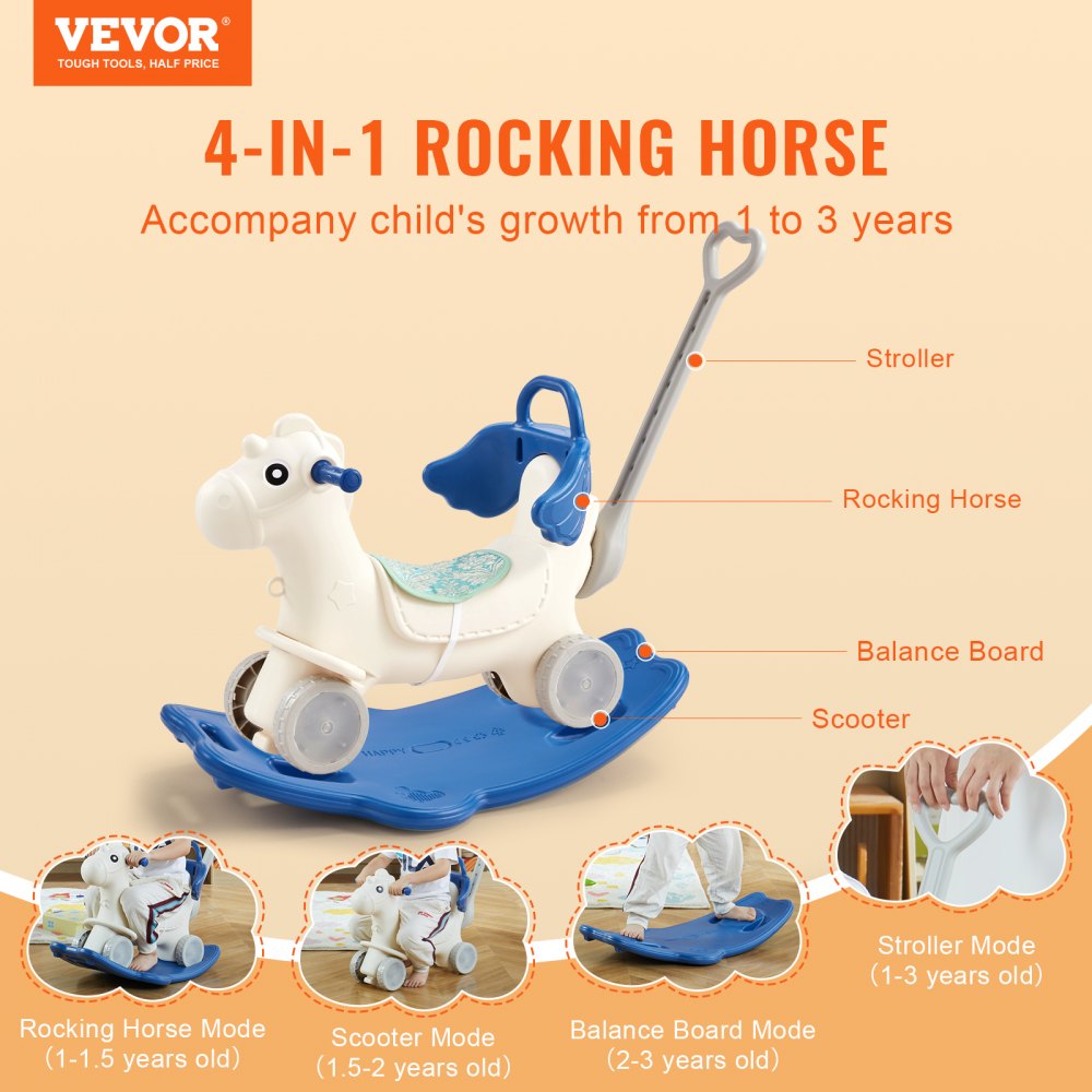 ODDTOOLS 4 in 1 Rocking Horse for Toddlers 1-3 Years, Baby Rocking Horse with Detachable Balance Board, Push Handle and 4 Smooth Wheels, Support up to HDPE 80 lbs Kids Ride on Toy with Sound, Blue