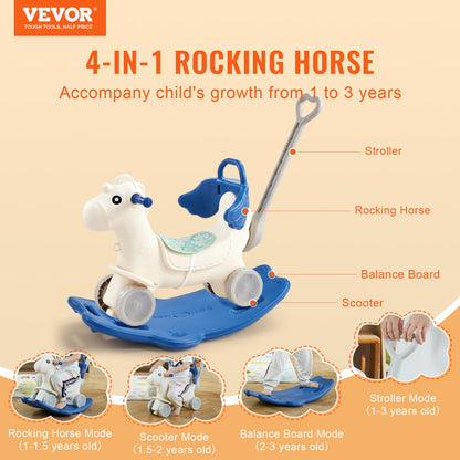 ODDTOOLS 4 in 1 Rocking Horse for Toddlers 1-3 Years, Baby Rocking Horse with Detachable Balance Board, Push Handle and 4 Smooth Wheels, Support up to HDPE 80 lbs Kids Ride on Toy with Sound, Blue