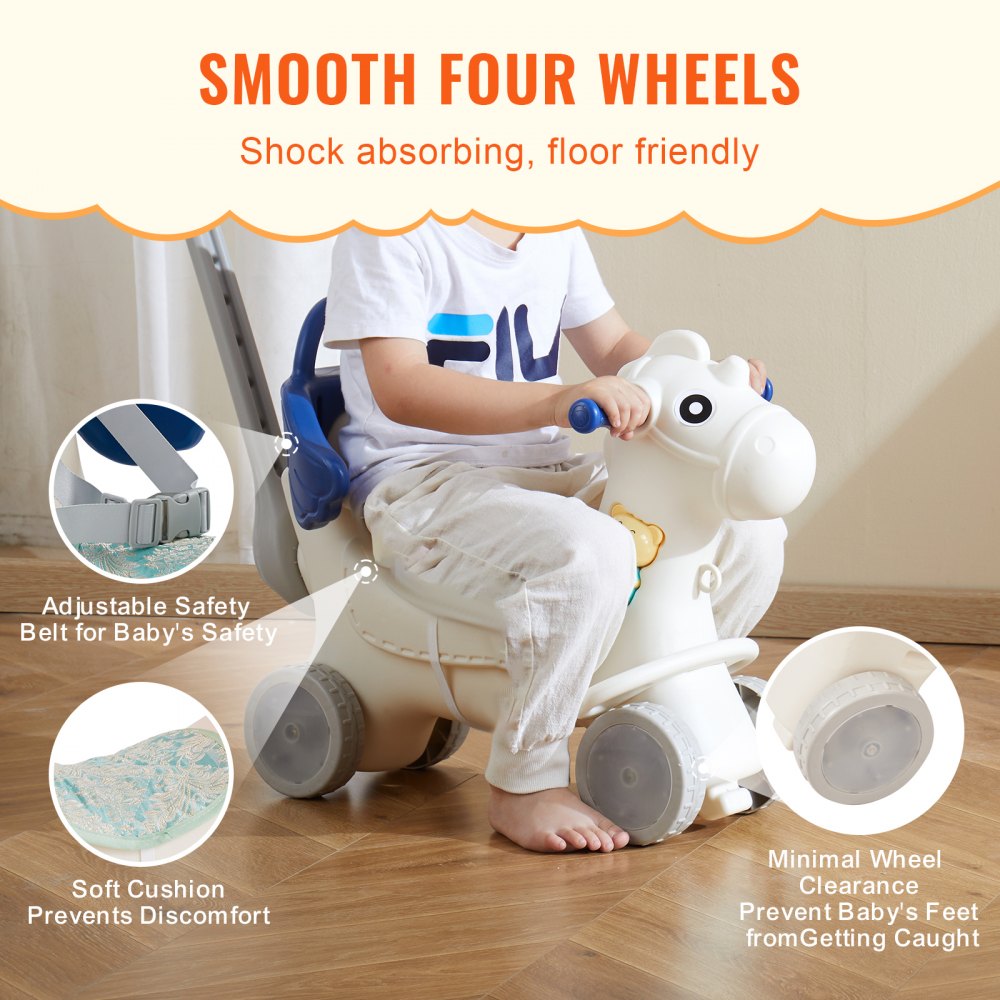 ODDTOOLS 4 in 1 Rocking Horse for Toddlers 1-3 Years, Baby Rocking Horse with Detachable Balance Board, Push Handle and 4 Smooth Wheels, Support up to HDPE 80 lbs Kids Ride on Toy with Sound, Blue