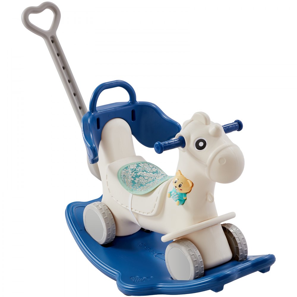 ODDTOOLS 4 in 1 Rocking Horse for Toddlers 1-3 Years, Baby Rocking Horse with Detachable Balance Board, Push Handle and 4 Smooth Wheels, Support up to HDPE 80 lbs Kids Ride on Toy with Sound, Blue