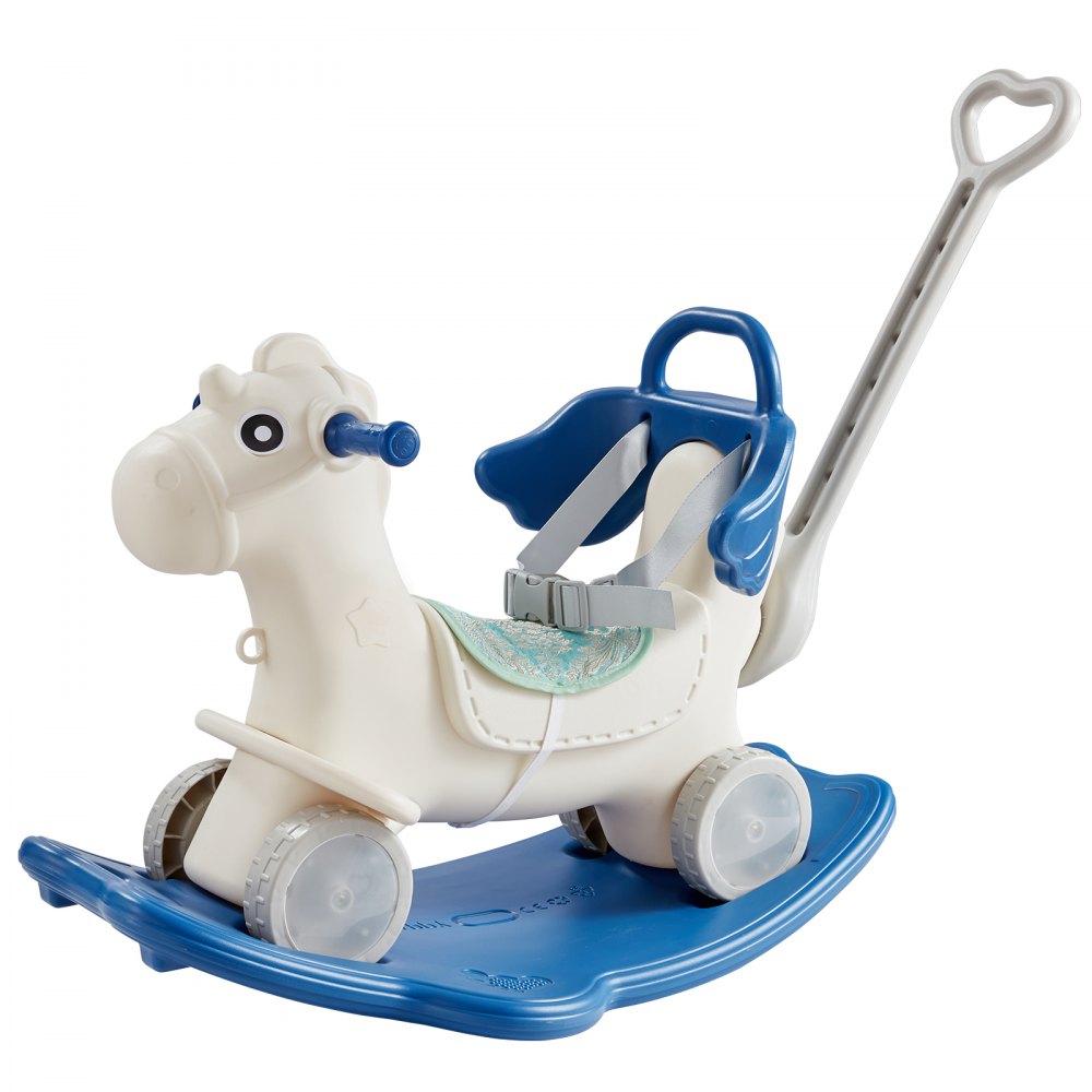 ODDTOOLS 4 in 1 Rocking Horse for Toddlers 1-3 Years, Baby Rocking Horse with Detachable Balance Board, Push Handle and 4 Smooth Wheels, Support up to HDPE 80 lbs Kids Ride on Toy with Sound, Blue