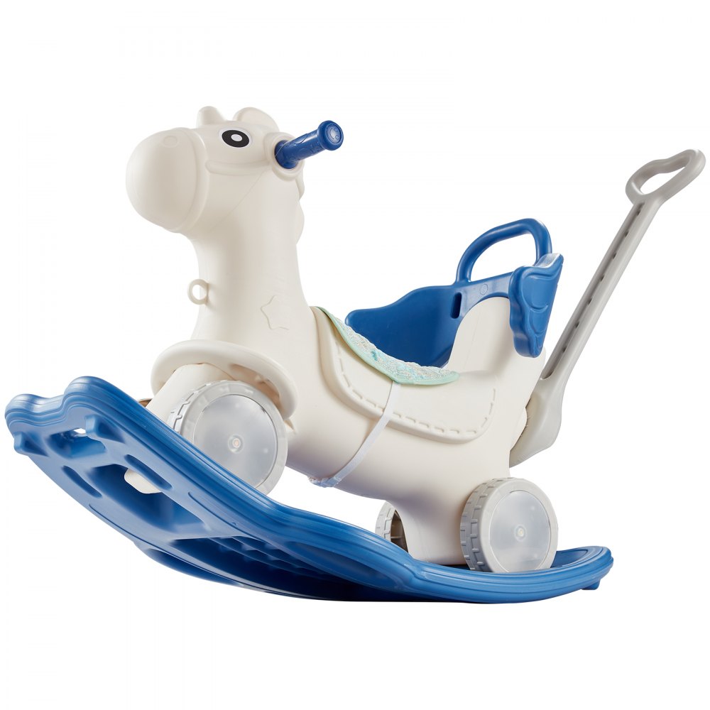 ODDTOOLS 4 in 1 Rocking Horse for Toddlers 1-3 Years, Baby Rocking Horse with Detachable Balance Board, Push Handle and 4 Smooth Wheels, Support up to HDPE 80 lbs Kids Ride on Toy with Sound, Blue