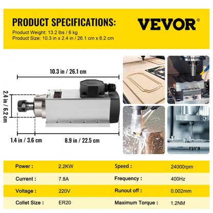 ODDTOOLS Air Cooled Spindle Motor 2.2KW CNC Spindle Motor 220V Square Air Cooled Spindle Motor ER20 Collet 24000 RPM CNC Spindle 5A Spindle Motor 400 Hz for CNC Router Engraving Milling Grind Machine