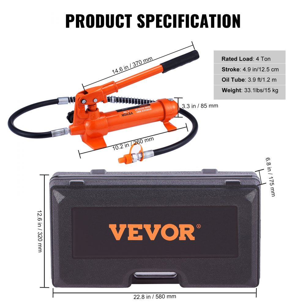 ODDTOOLS 4 Ton/8800 LBS Porta Power, Portable Hydraulic Ram with 3.9 ft/1.2 m Oil Hose, Auto Body Frame Repair Kit with Storage Case for Car Repair, Truck, Farm